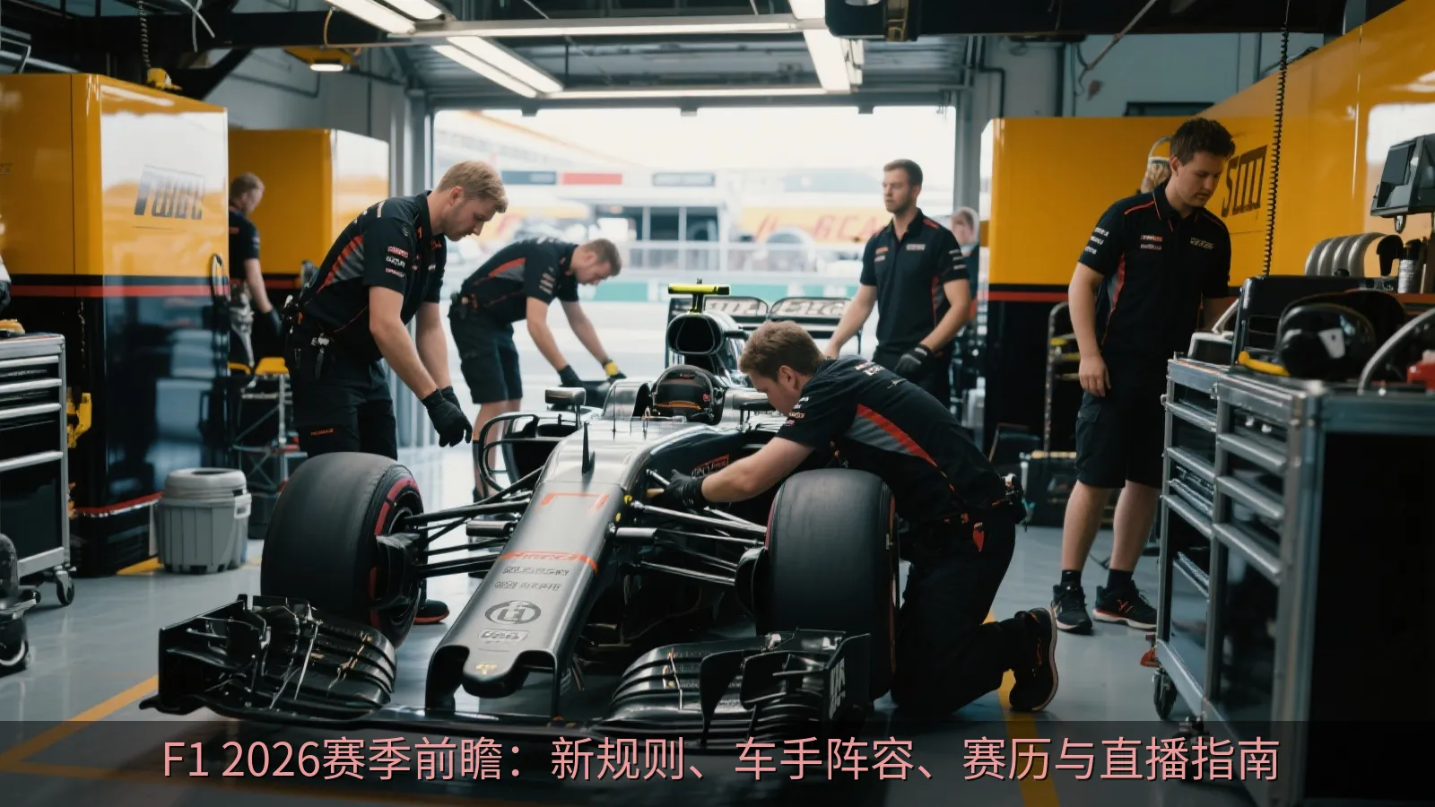维修区内的开放式单座赛车与技师